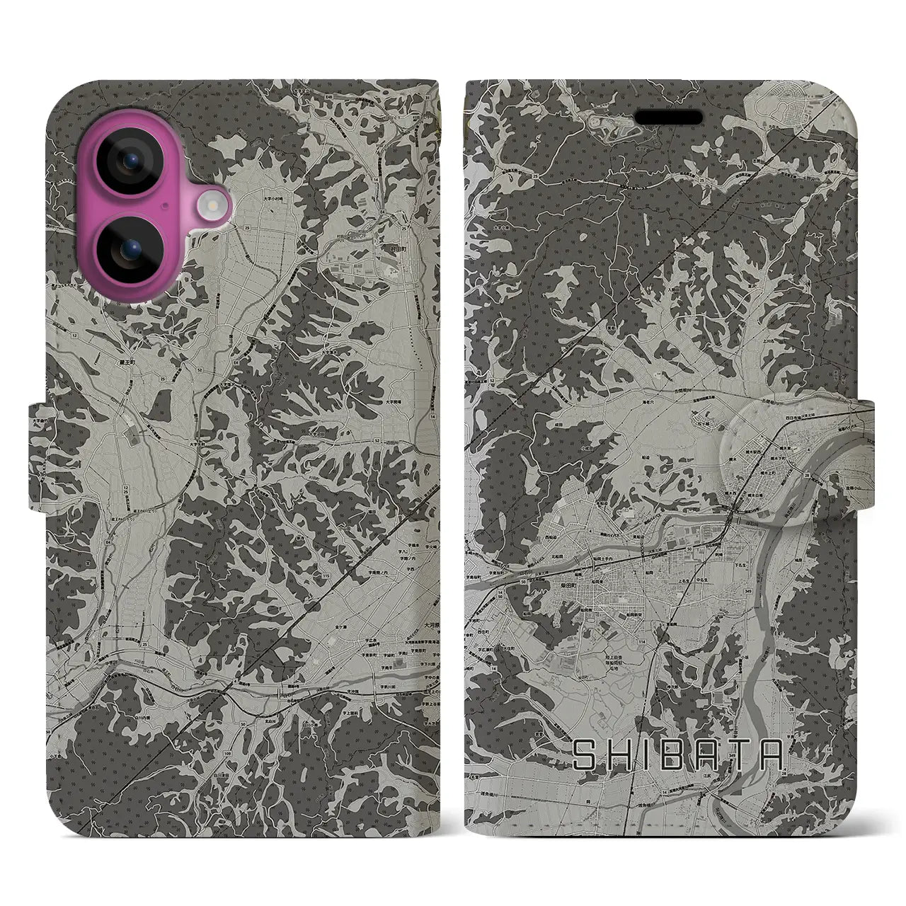 【柴田(宮城県)】地図柄iPhoneケース(手帳タイプ)モノトーン・iPhone 16 Pro 用