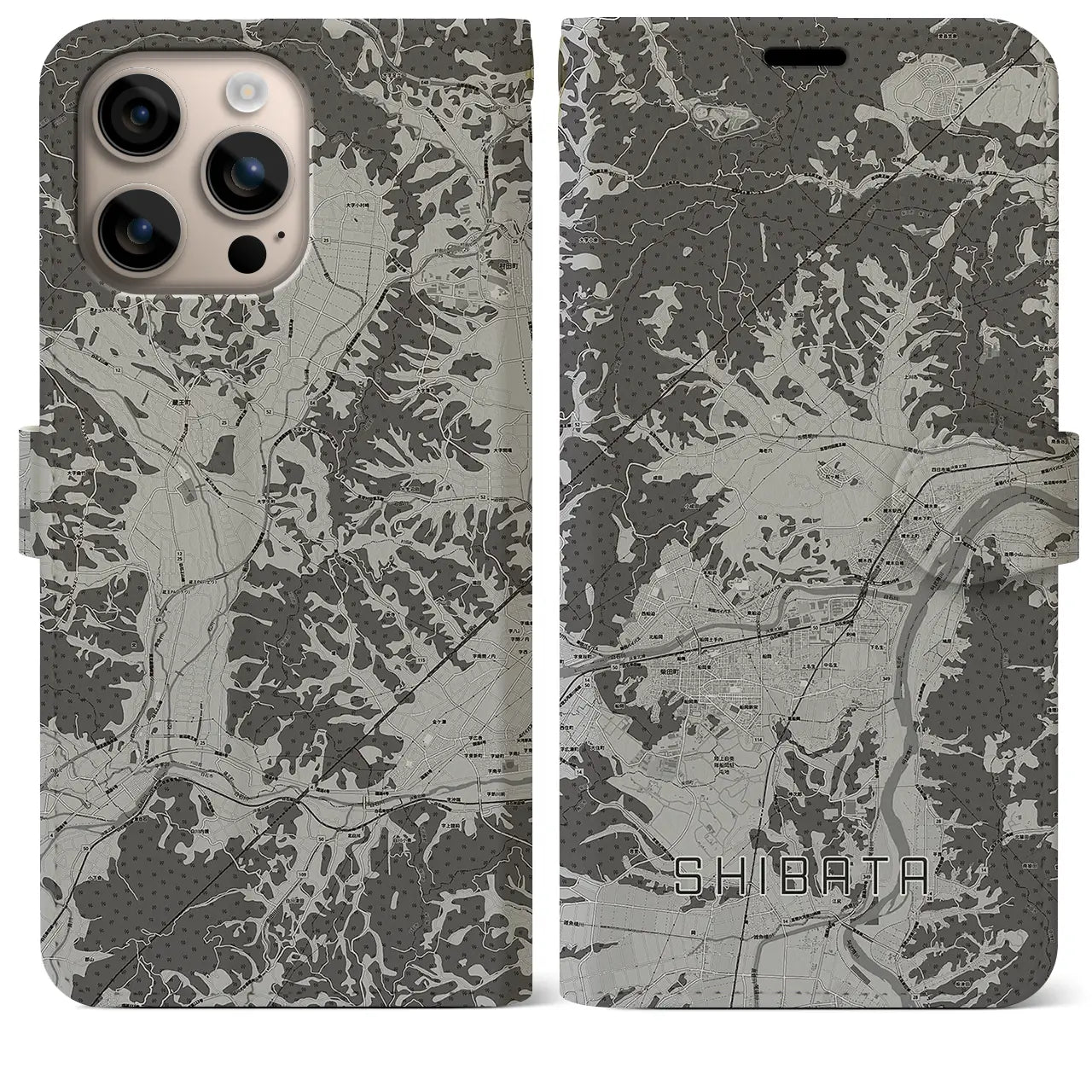 【柴田(宮城県)】地図柄iPhoneケース(手帳タイプ)モノトーン・iPhone 16 Plus 用