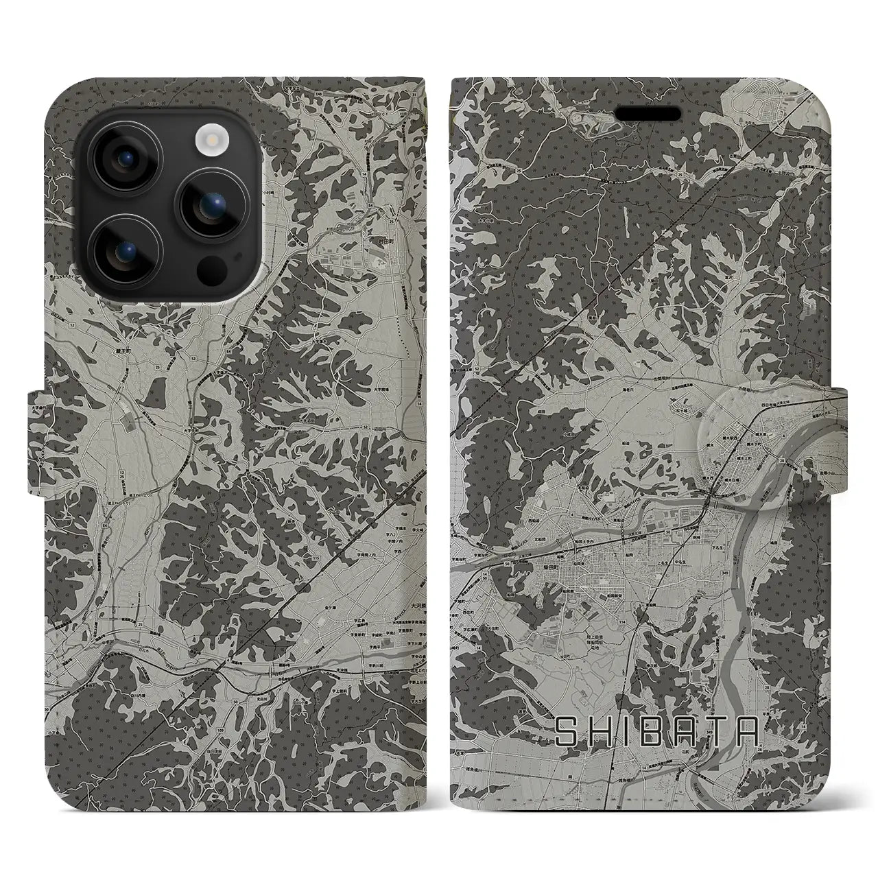 【柴田(宮城県)】地図柄iPhoneケース(手帳タイプ)モノトーン・iPhone 16 用