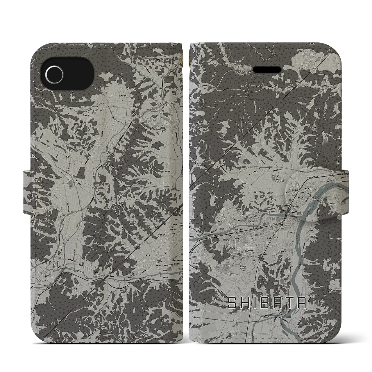 【柴田(宮城県)】地図柄iPhoneケース(手帳タイプ)モノトーン・iPhone SE(第3 / 第2世代) / 8 / 7 / 6s / 6 用