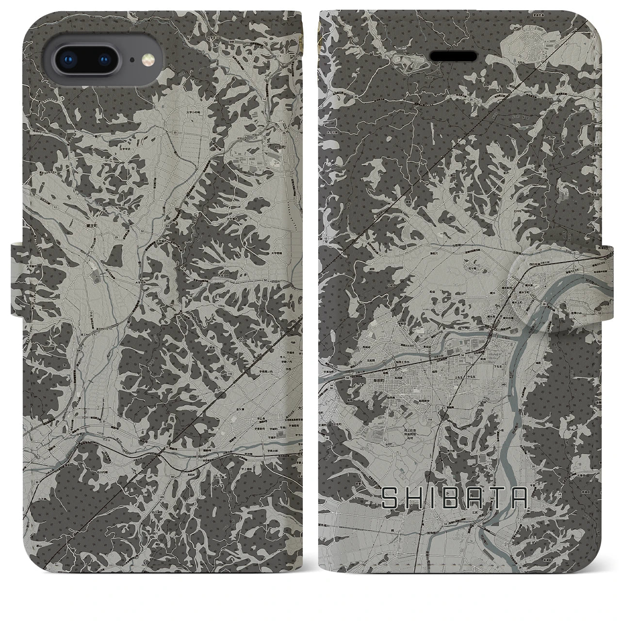 【柴田(宮城県)】地図柄iPhoneケース(手帳タイプ)モノトーン・iPhone 8Plus /7Plus / 6sPlus / 6Plus 用