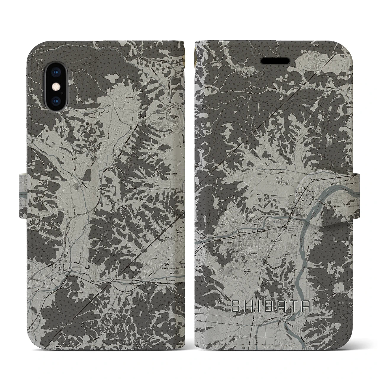 【柴田(宮城県)】地図柄iPhoneケース(手帳タイプ)モノトーン・iPhone XS / X 用