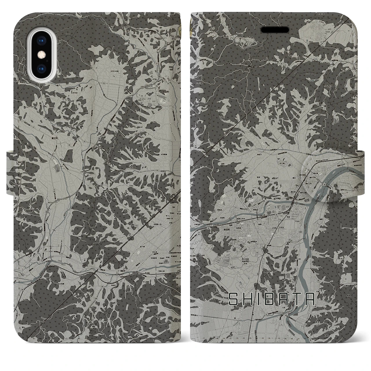 【柴田(宮城県)】地図柄iPhoneケース(手帳タイプ)モノトーン・iPhone XS Max 用