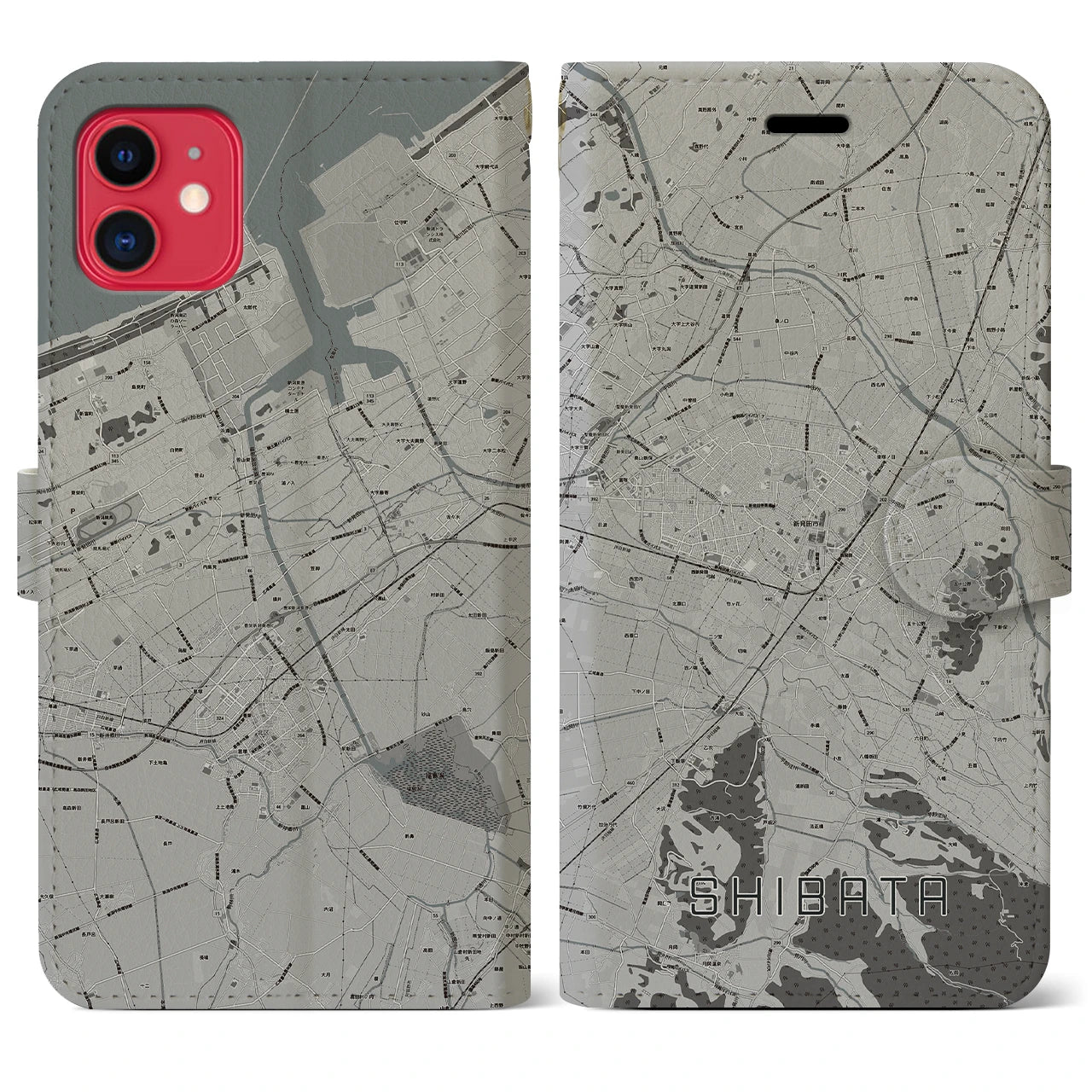 【新発田(新潟県)】地図柄iPhoneケース(手帳タイプ)モノトーン・iPhone 11 用