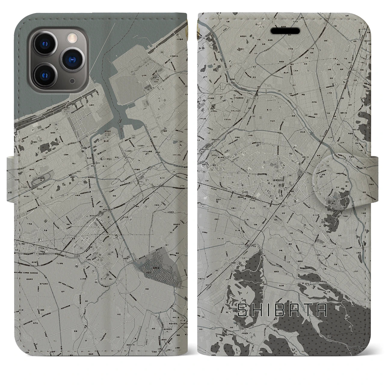【新発田(新潟県)】地図柄iPhoneケース(手帳タイプ)モノトーン・iPhone 11 Pro Max 用