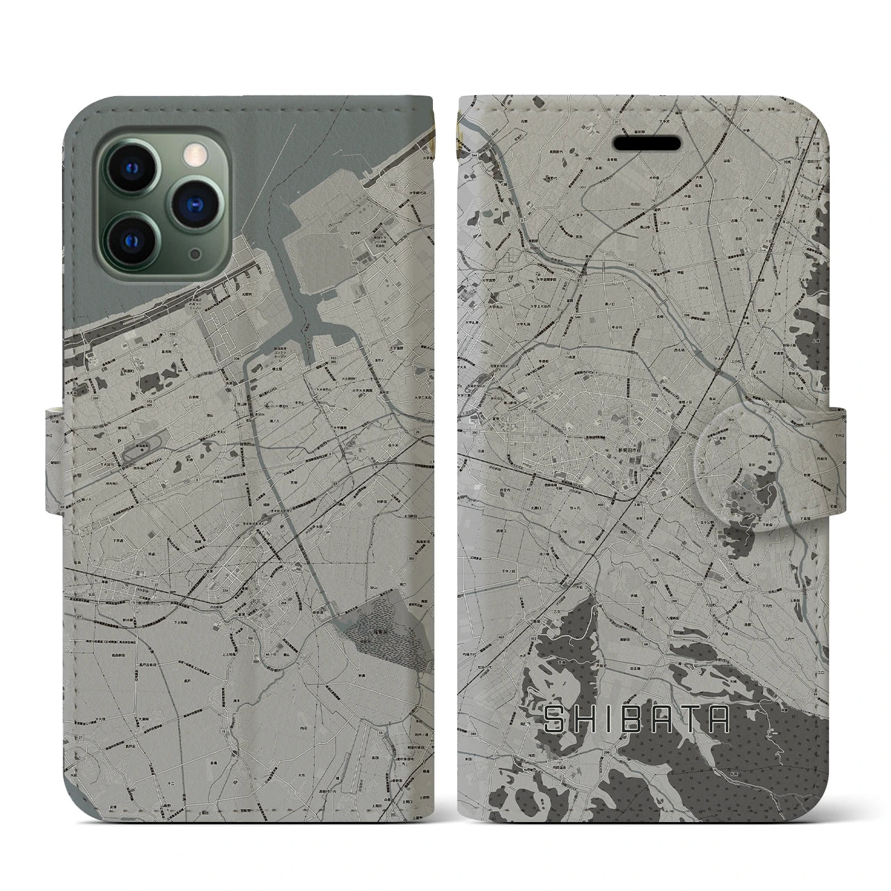 【新発田(新潟県)】地図柄iPhoneケース(手帳タイプ)モノトーン・iPhone 11 Pro 用