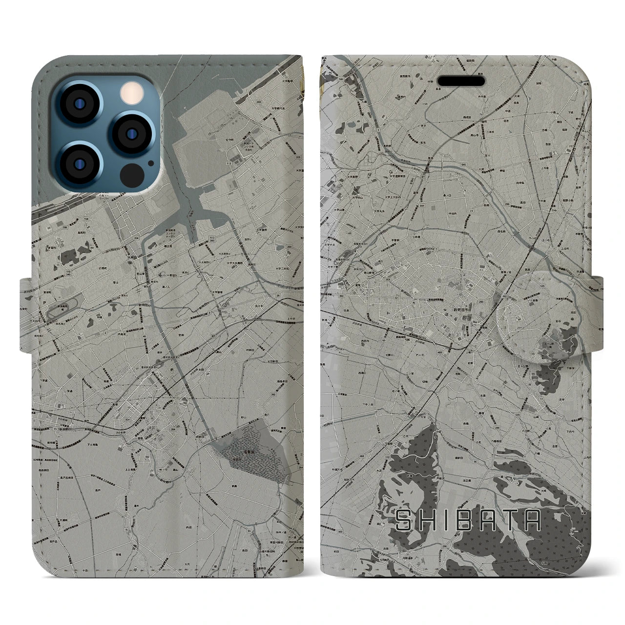 【新発田(新潟県)】地図柄iPhoneケース(手帳タイプ)モノトーン・iPhone 12 / 12 Pro 用