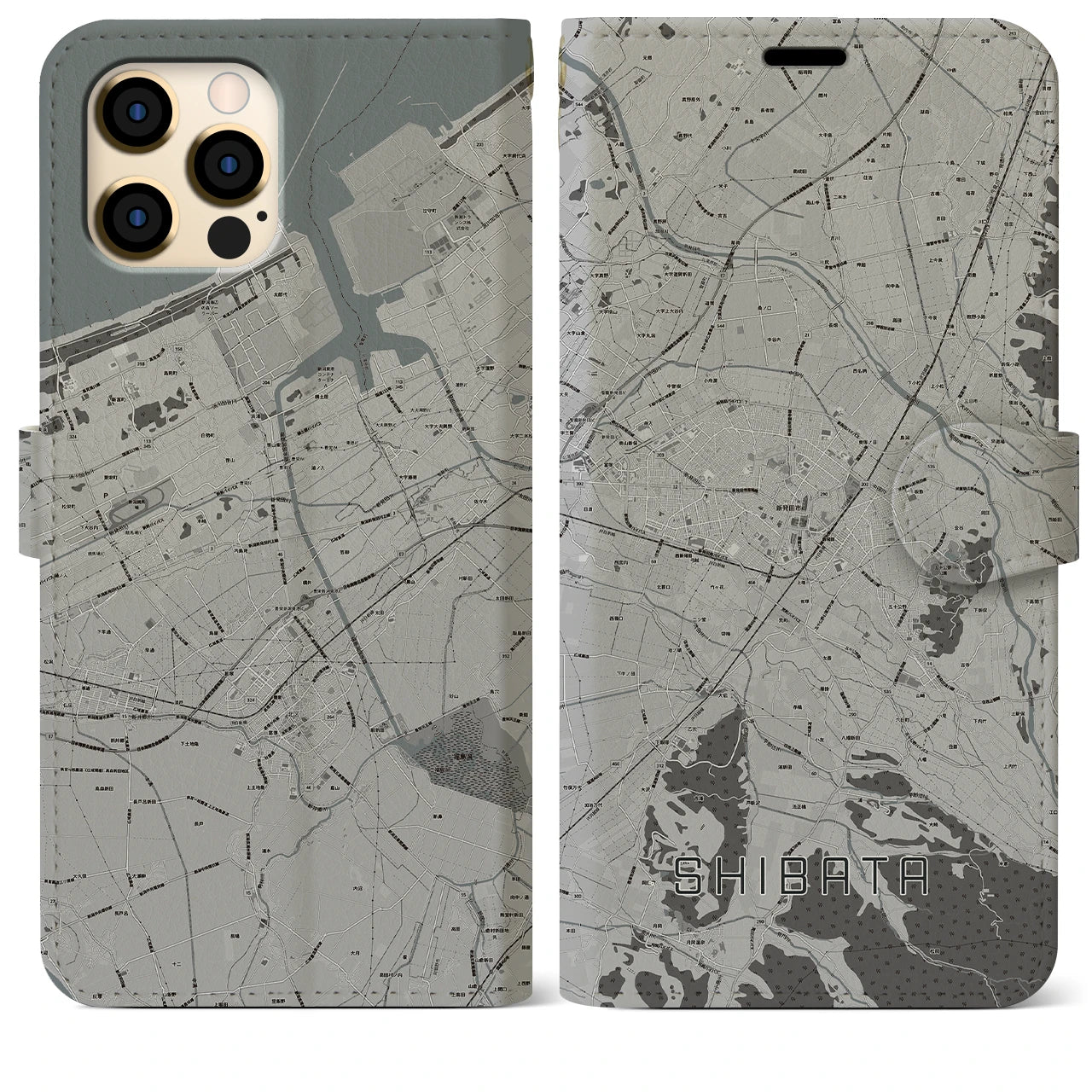 【新発田(新潟県)】地図柄iPhoneケース(手帳タイプ)モノトーン・iPhone 12 Pro Max 用