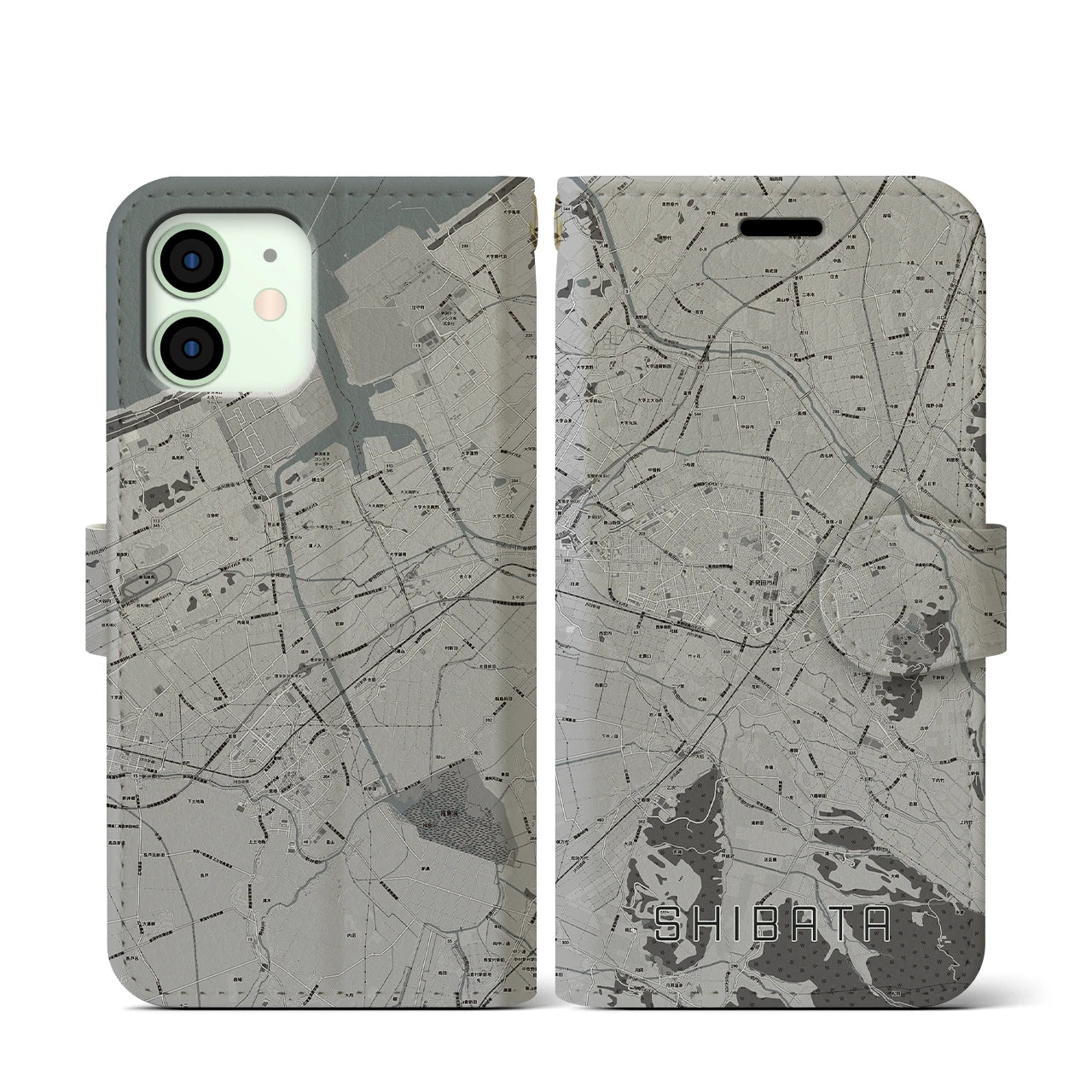 【新発田(新潟県)】地図柄iPhoneケース(手帳タイプ)モノトーン・iPhone 12 mini 用