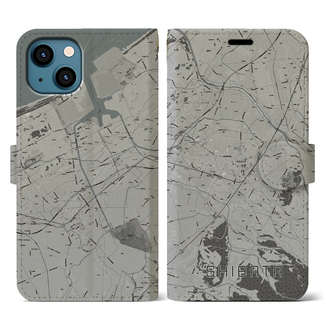 【新発田(新潟県)】地図柄iPhoneケース(手帳タイプ)モノトーン・iPhone 13 用