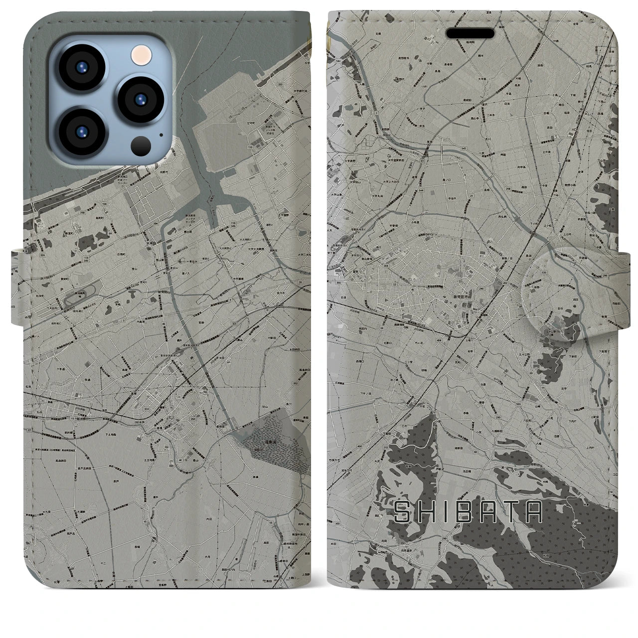 【新発田(新潟県)】地図柄iPhoneケース(手帳タイプ)モノトーン・iPhone 13 Pro Max 用