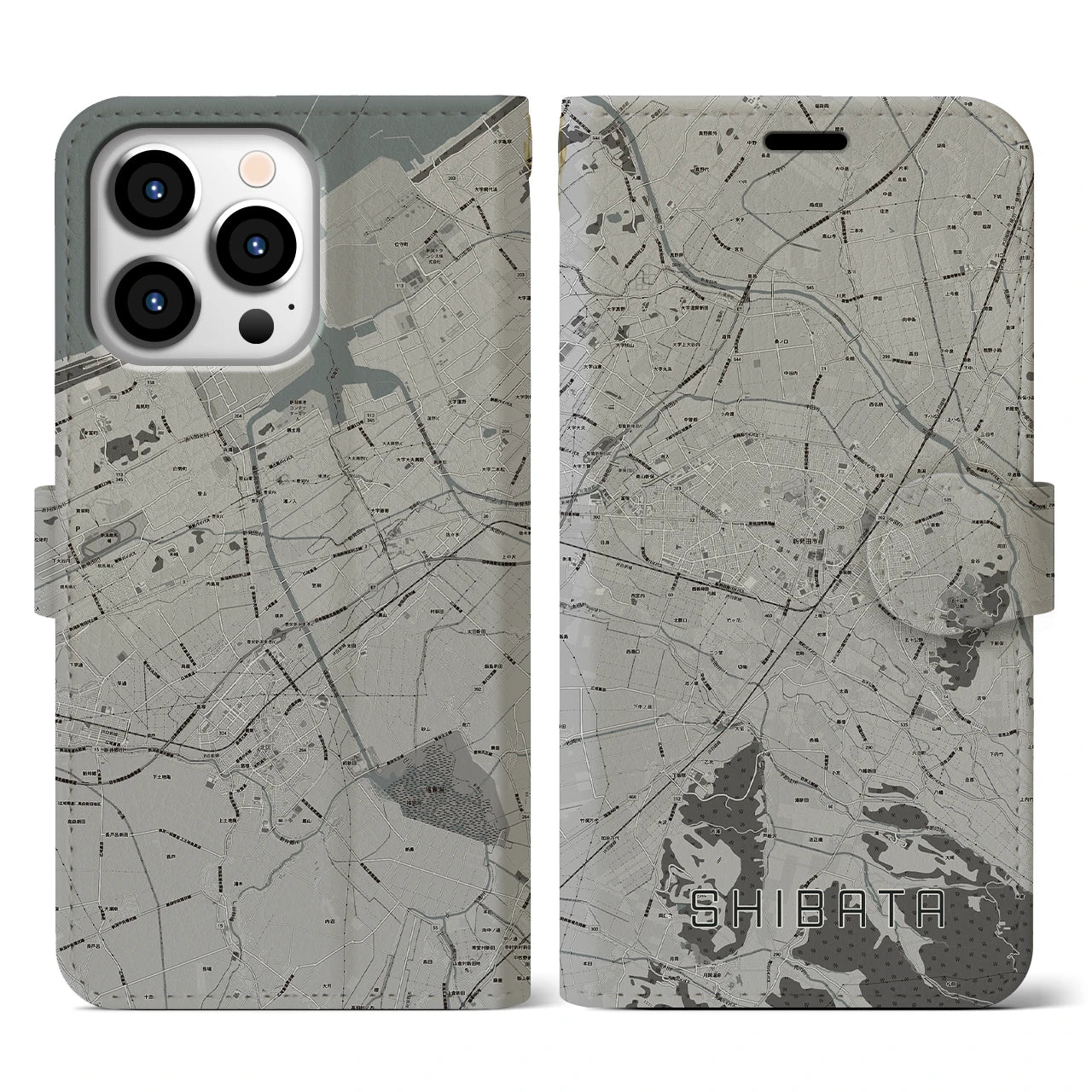 【新発田(新潟県)】地図柄iPhoneケース(手帳タイプ)モノトーン・iPhone 13 Pro 用