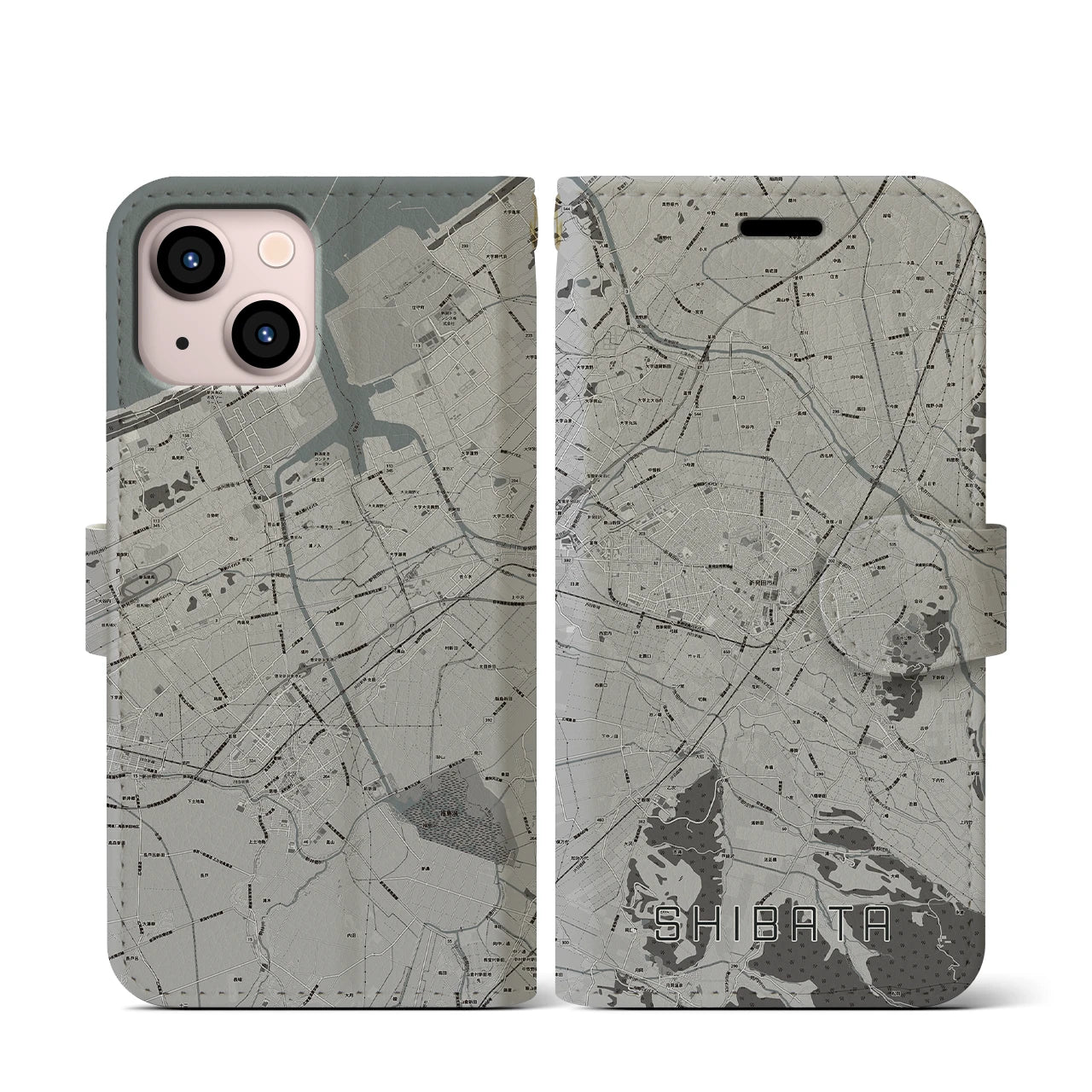 【新発田(新潟県)】地図柄iPhoneケース(手帳タイプ)モノトーン・iPhone 13 mini 用