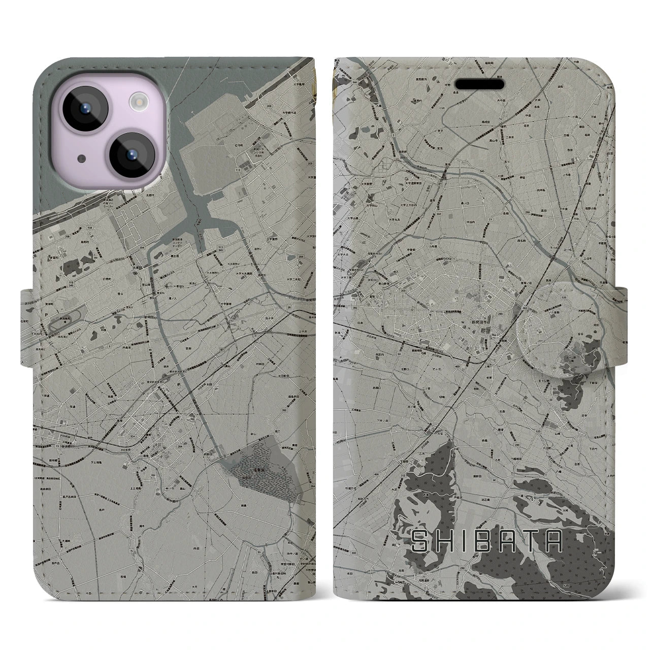 【新発田(新潟県)】地図柄iPhoneケース(手帳タイプ)モノトーン・iPhone 14 用