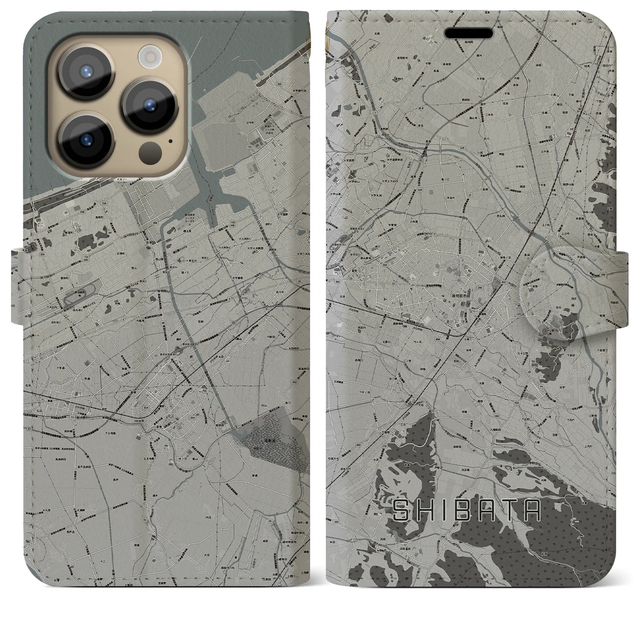 【新発田(新潟県)】地図柄iPhoneケース(手帳タイプ)モノトーン・iPhone 14 Pro Max 用