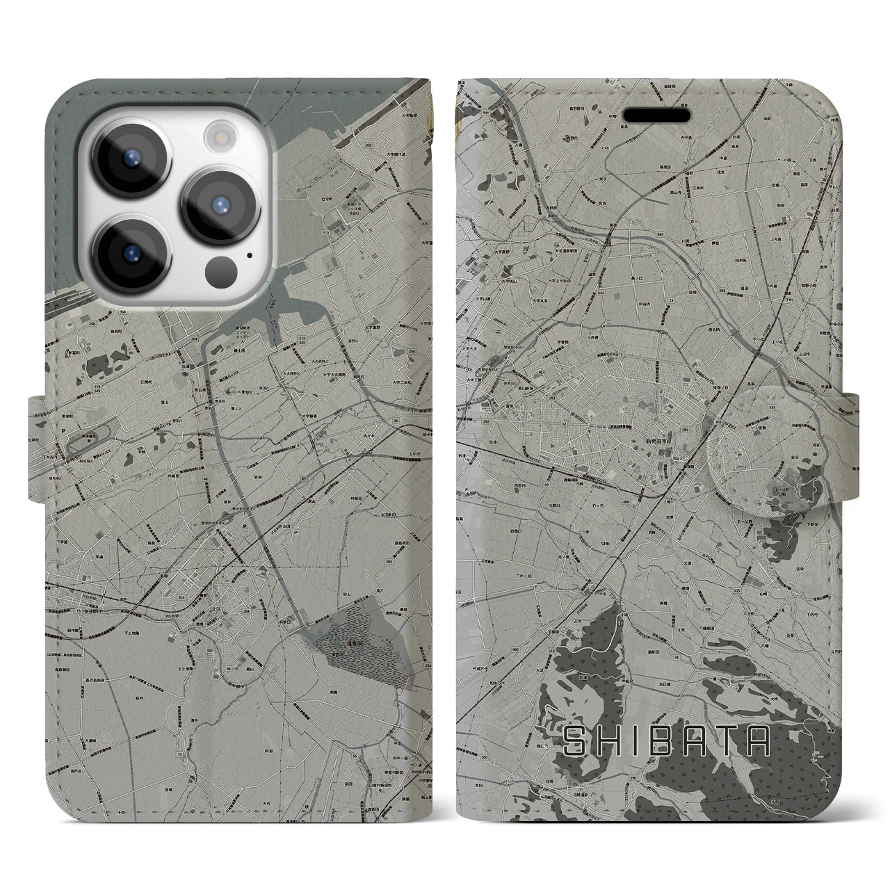 【新発田(新潟県)】地図柄iPhoneケース(手帳タイプ)モノトーン・iPhone 14 Pro 用