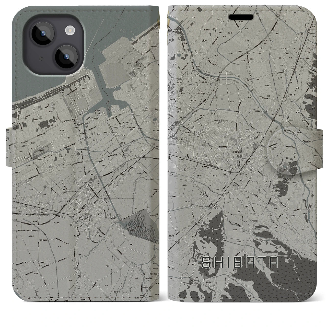 【新発田(新潟県)】地図柄iPhoneケース(手帳タイプ)モノトーン・iPhone 14 Plus 用