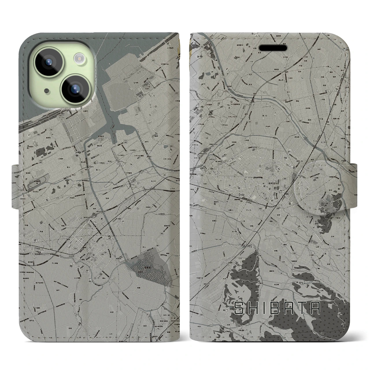 【新発田(新潟県)】地図柄iPhoneケース(手帳タイプ)モノトーン・iPhone 15 用