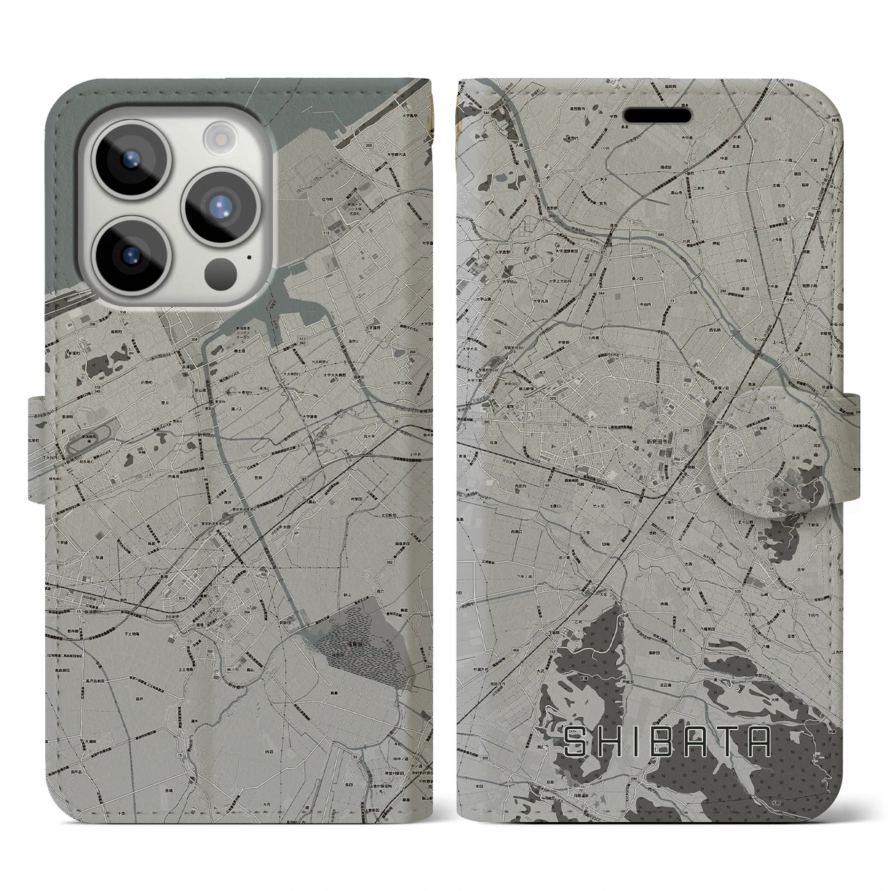 【新発田(新潟県)】地図柄iPhoneケース(手帳タイプ)モノトーン・iPhone 15 Pro 用