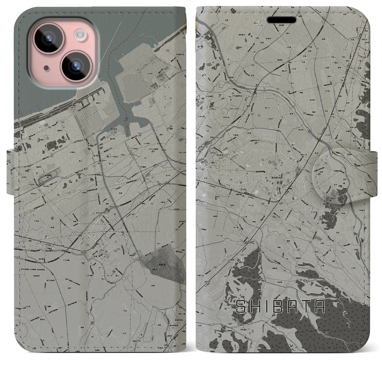 【新発田(新潟県)】地図柄iPhoneケース(手帳タイプ)モノトーン・iPhone 15 Plus 用