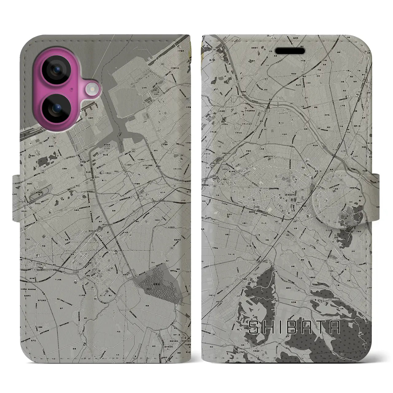 【新発田(新潟県)】地図柄iPhoneケース(手帳タイプ)モノトーン・iPhone 16 Pro 用