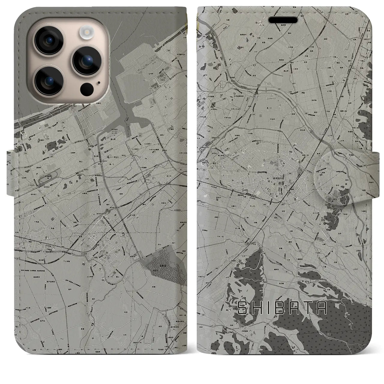 【新発田(新潟県)】地図柄iPhoneケース(手帳タイプ)モノトーン・iPhone 16 Plus 用