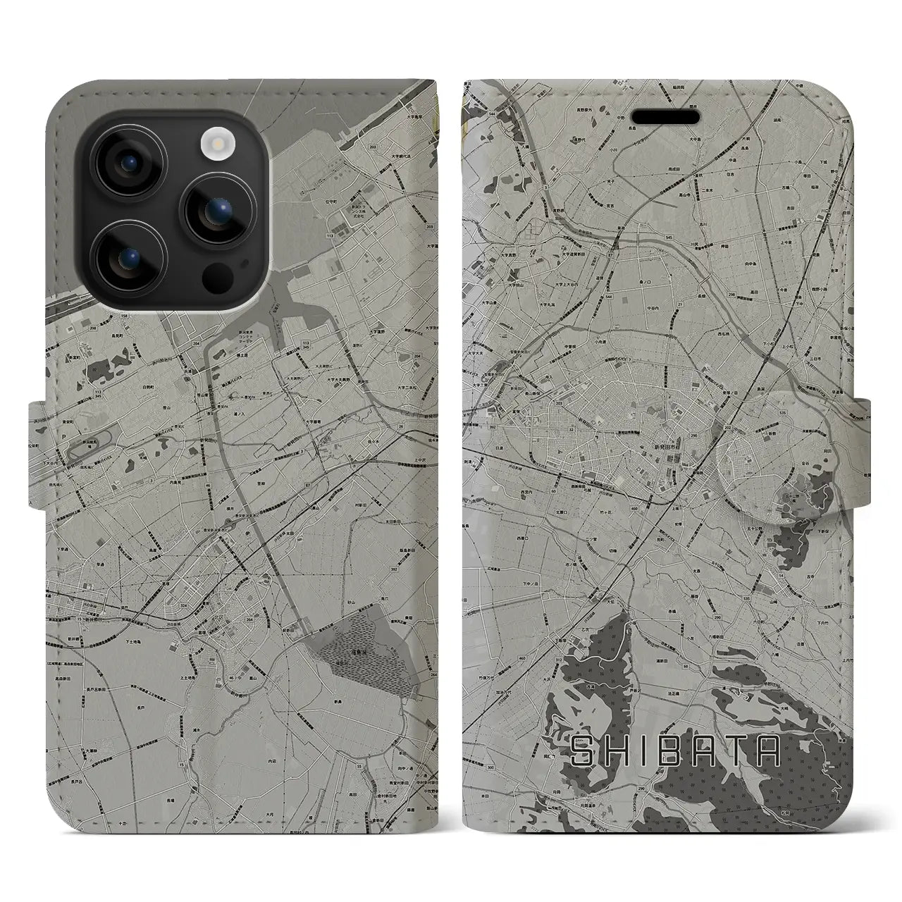 【新発田(新潟県)】地図柄iPhoneケース(手帳タイプ)モノトーン・iPhone 16 用