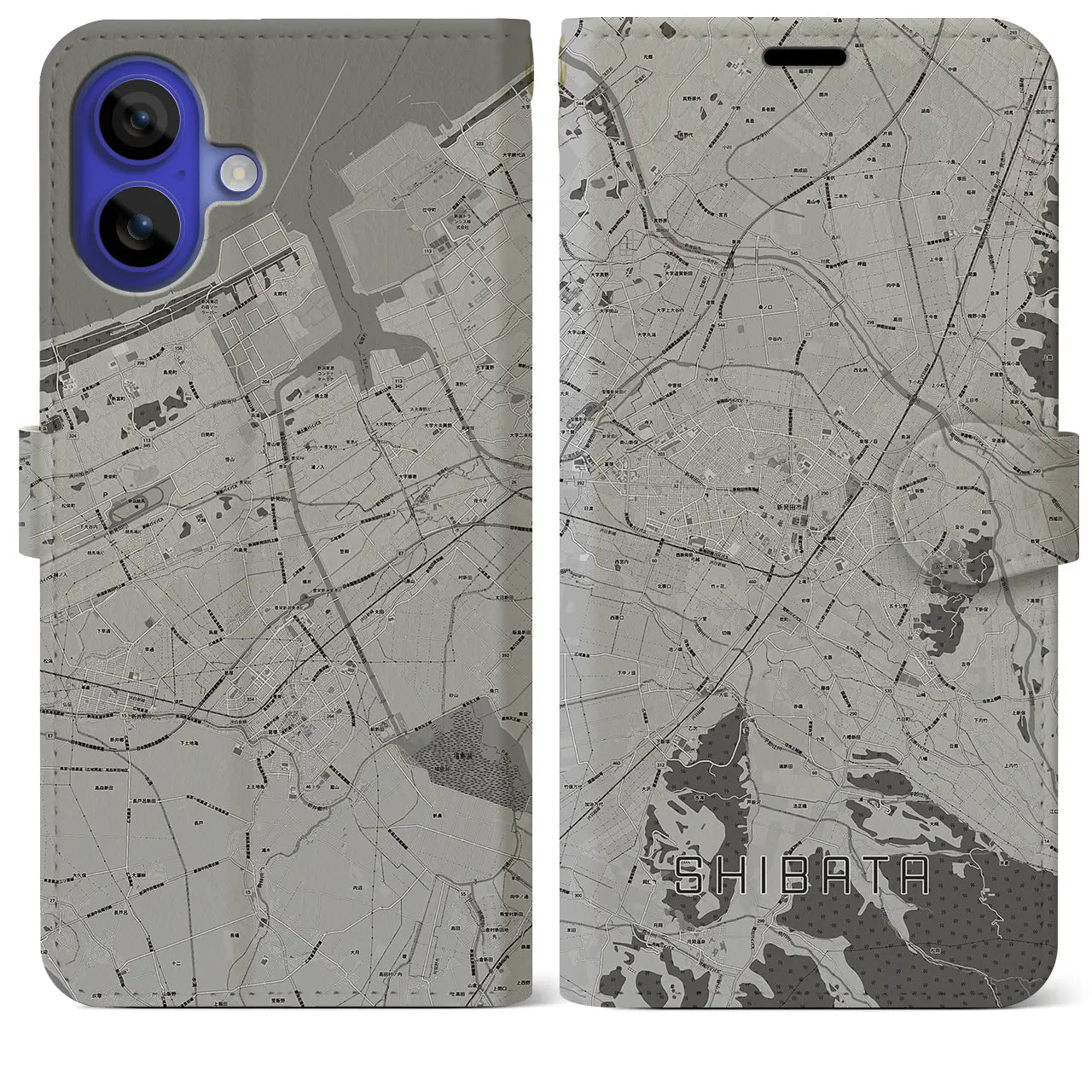 【新発田(新潟県)】地図柄iPhoneケース(手帳タイプ)モノトーン・iPhone 16 Pro Max 用