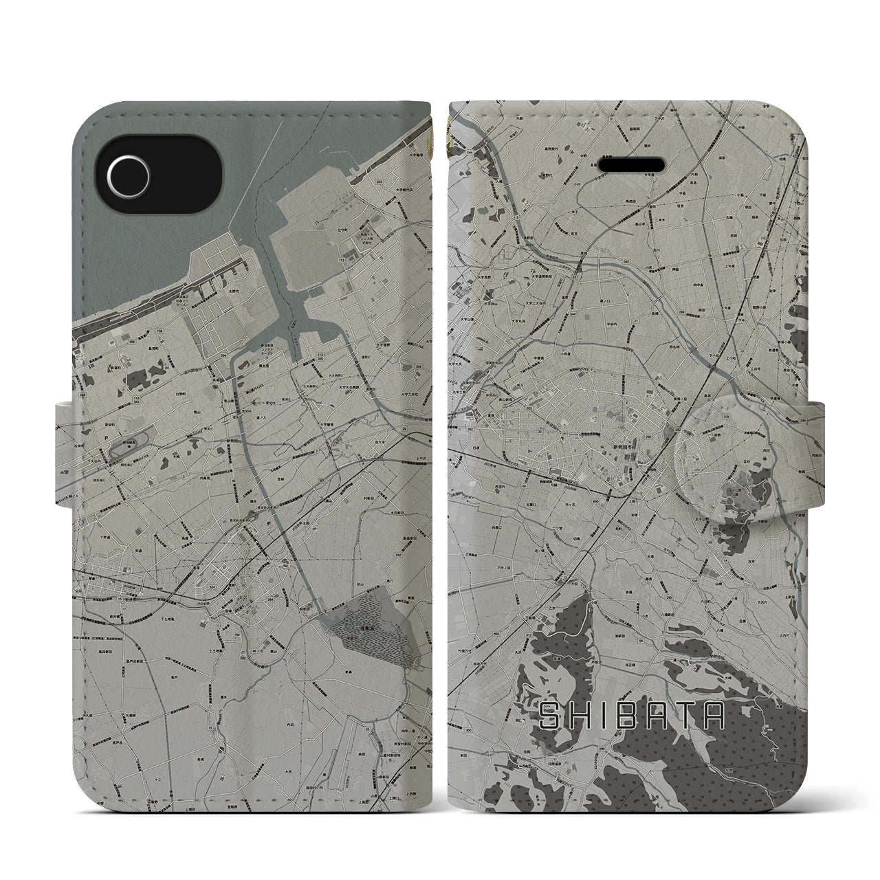 【新発田(新潟県)】地図柄iPhoneケース(手帳タイプ)モノトーン・iPhone SE(第3 / 第2世代) / 8 / 7 / 6s / 6 用
