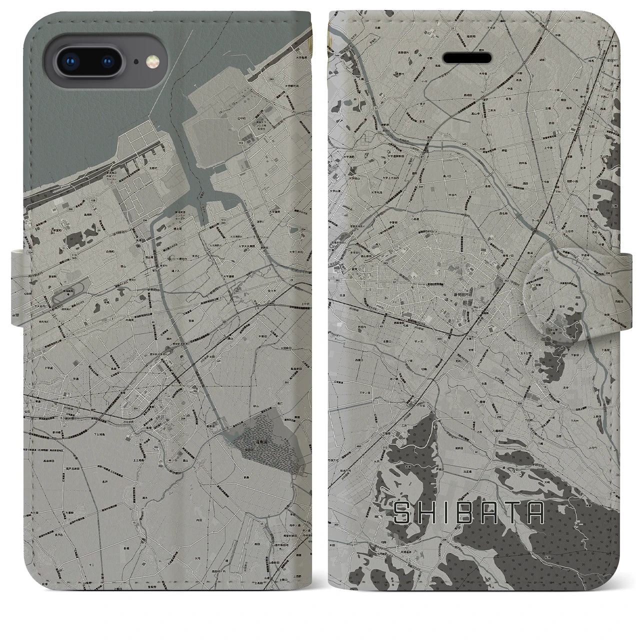 【新発田(新潟県)】地図柄iPhoneケース(手帳タイプ)モノトーン・iPhone 8Plus /7Plus / 6sPlus / 6Plus 用