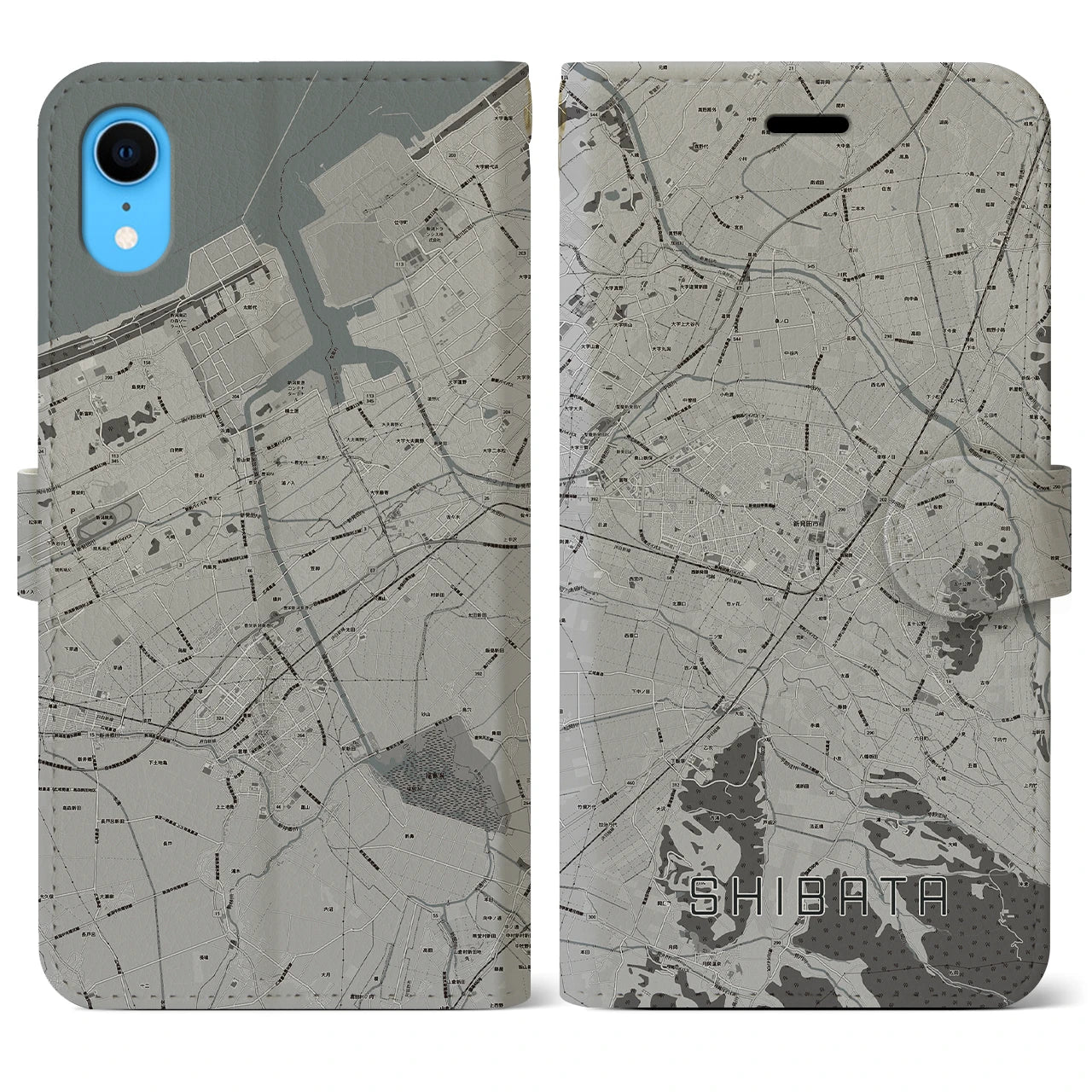 【新発田(新潟県)】地図柄iPhoneケース(手帳タイプ)モノトーン・iPhone XR 用