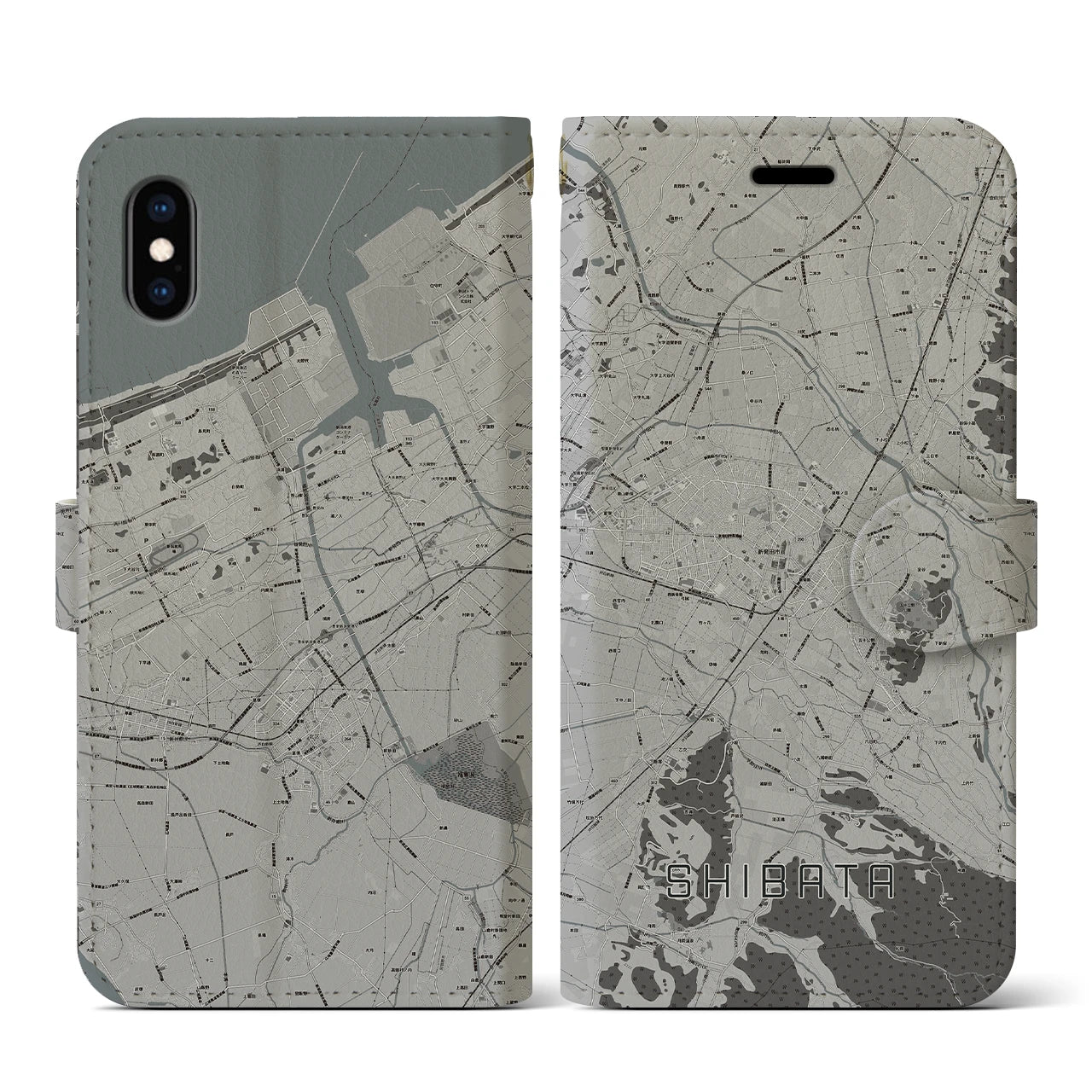 【新発田(新潟県)】地図柄iPhoneケース(手帳タイプ)モノトーン・iPhone XS / X 用