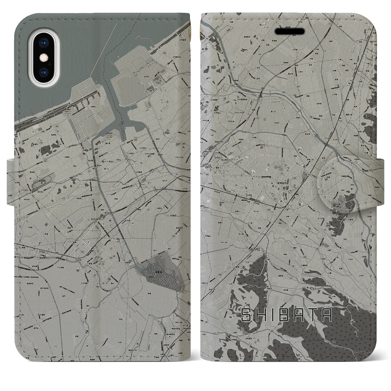 【新発田(新潟県)】地図柄iPhoneケース(手帳タイプ)モノトーン・iPhone XS Max 用