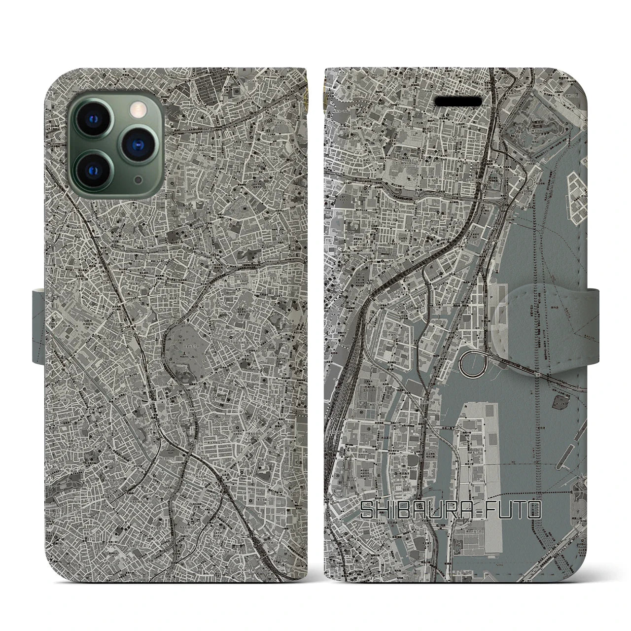 【芝浦ふ頭(東京都)】地図柄iPhoneケース(手帳タイプ)モノトーン・iPhone 11 Pro 用