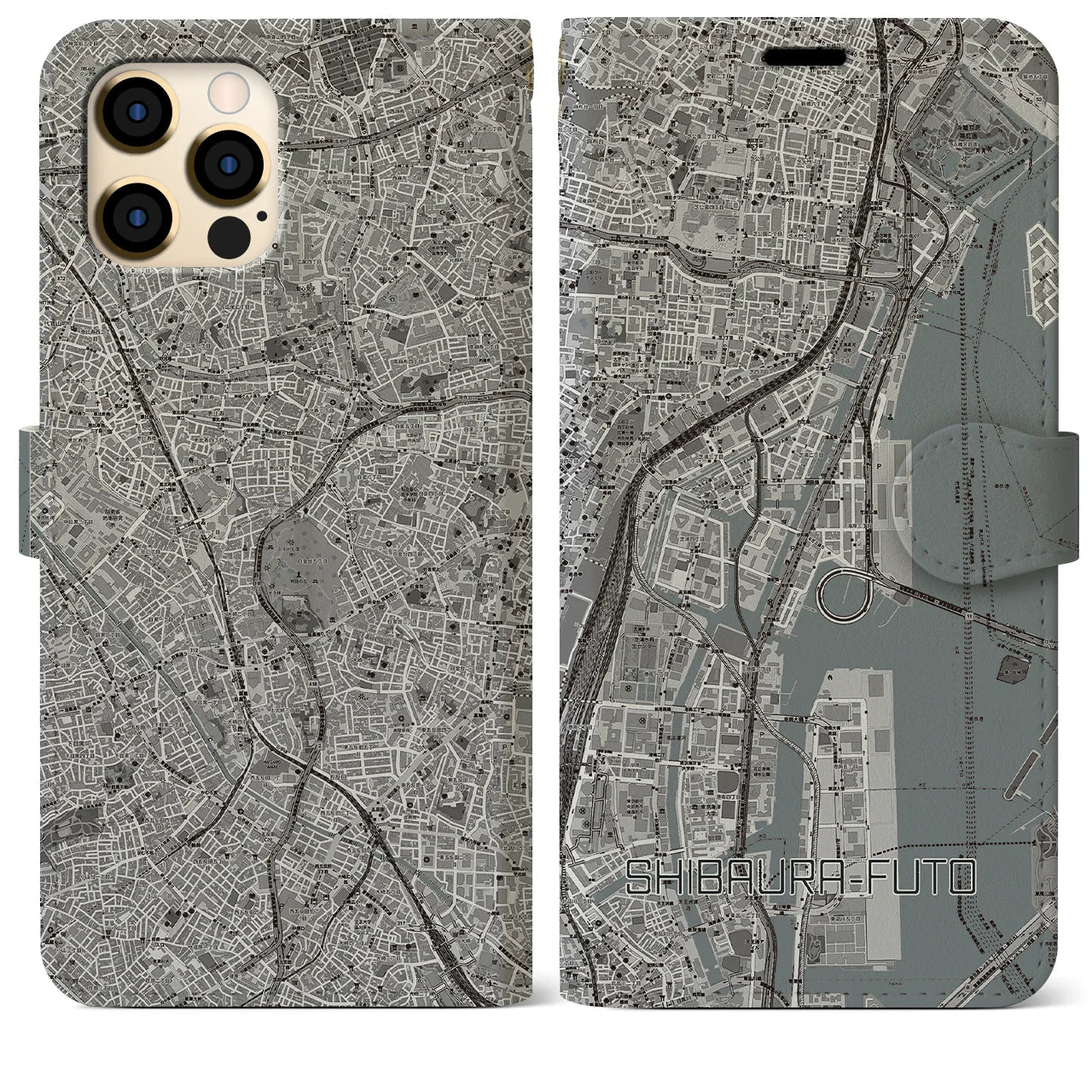 【芝浦ふ頭(東京都)】地図柄iPhoneケース(手帳タイプ)モノトーン・iPhone 12 Pro Max 用