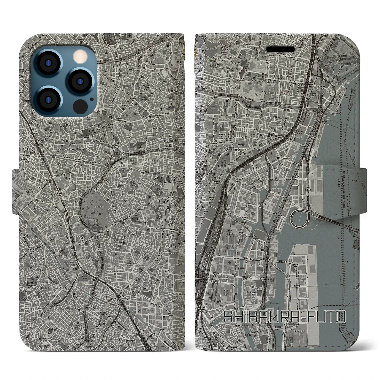【芝浦ふ頭(東京都)】地図柄iPhoneケース(手帳タイプ)モノトーン・iPhone 12 / 12 Pro 用