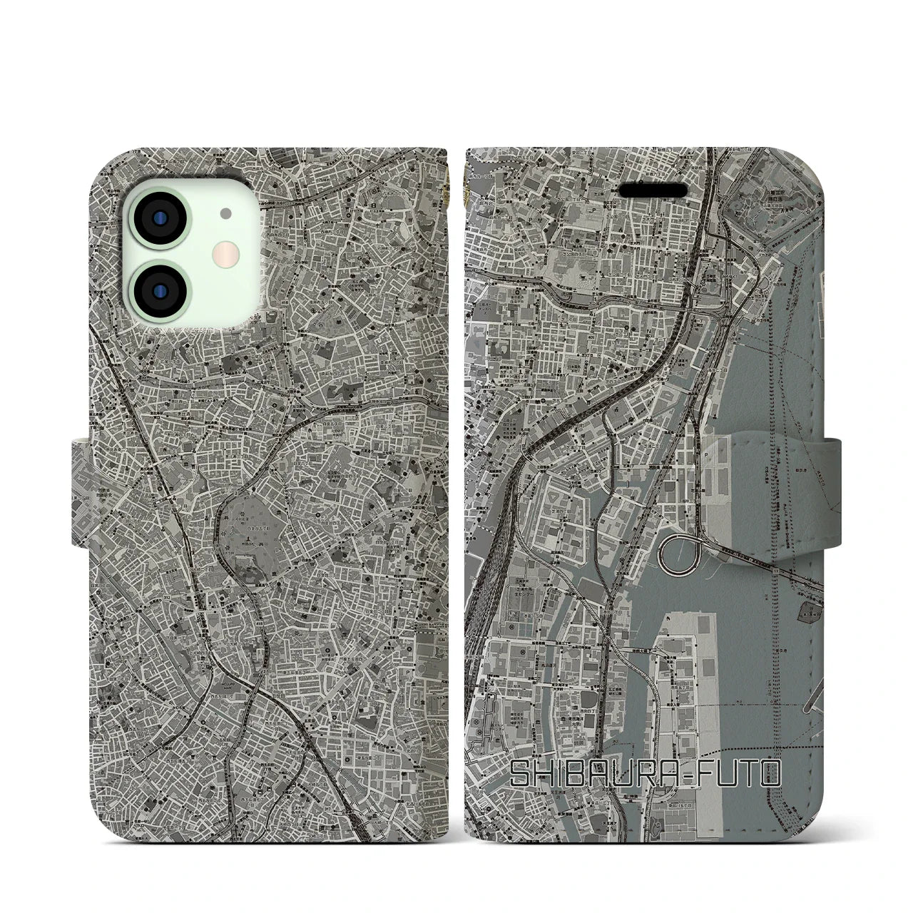 【芝浦ふ頭(東京都)】地図柄iPhoneケース(手帳タイプ)モノトーン・iPhone 12 mini 用