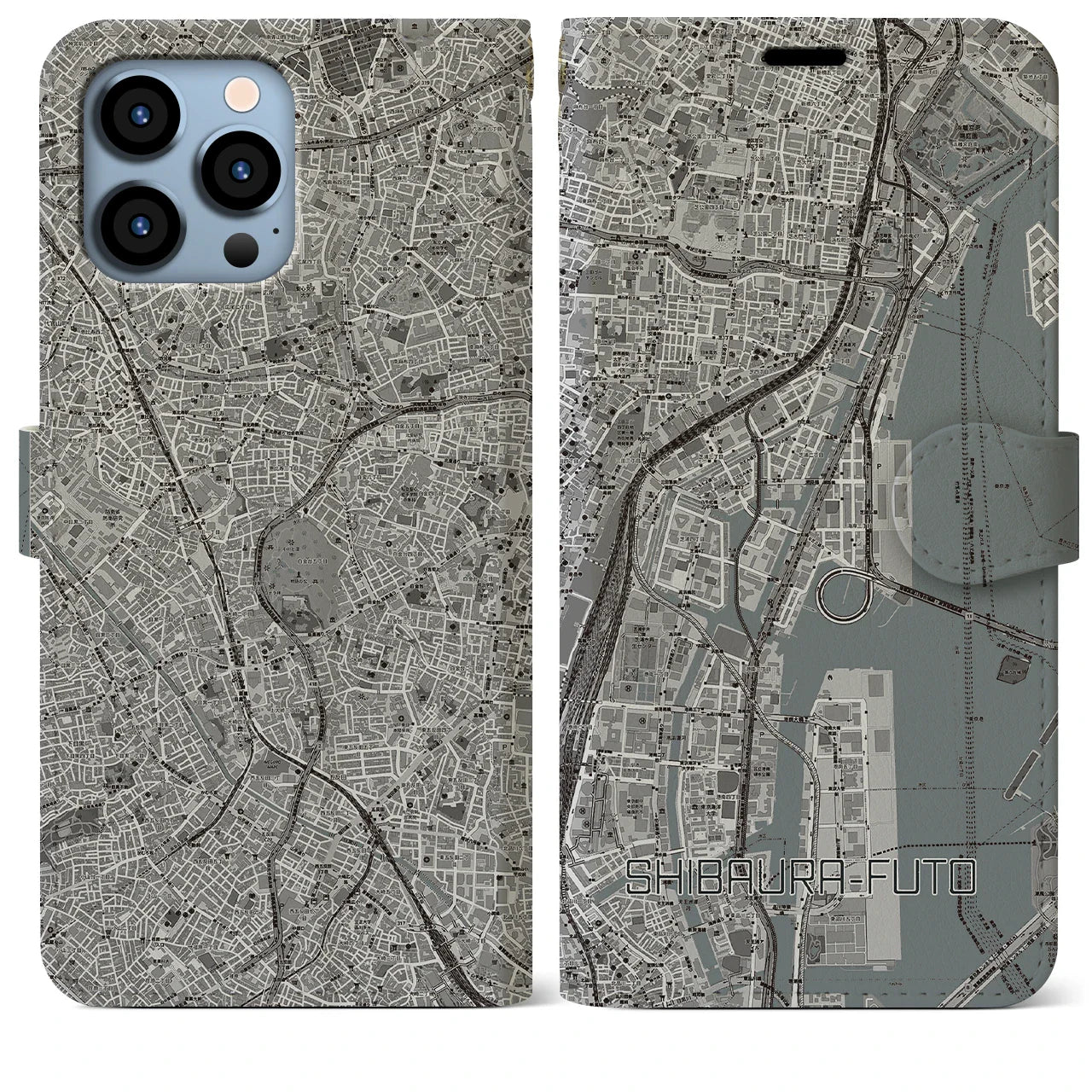 【芝浦ふ頭(東京都)】地図柄iPhoneケース(手帳タイプ)モノトーン・iPhone 13 Pro Max 用