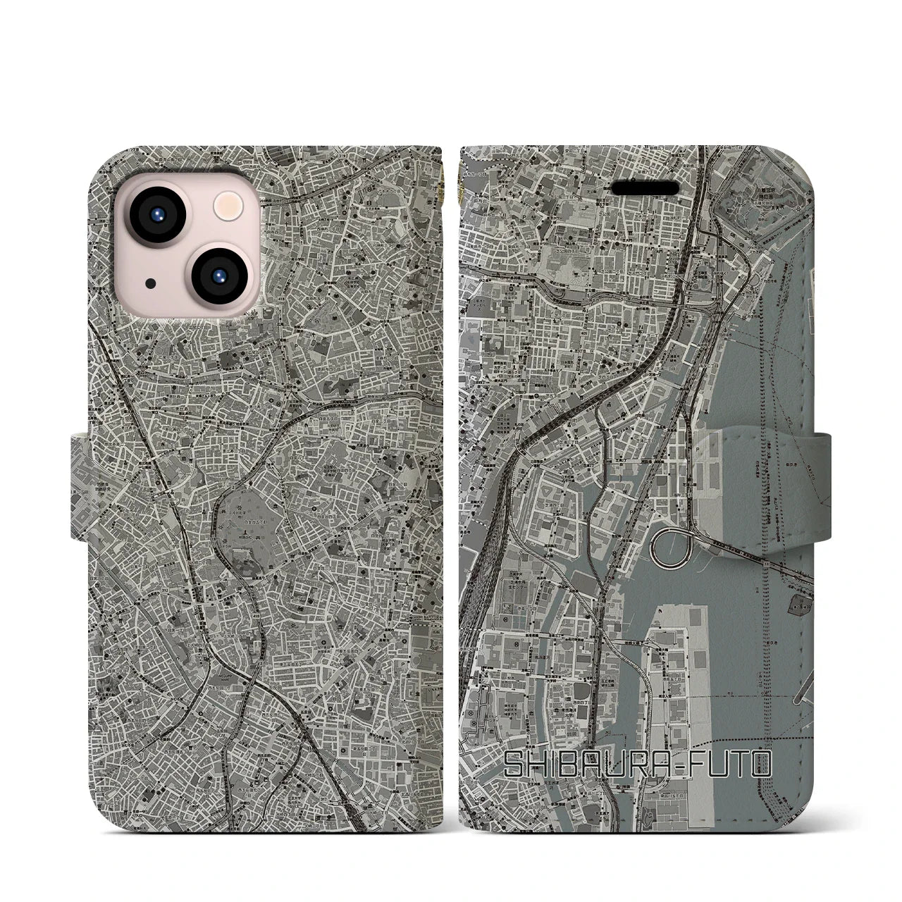 【芝浦ふ頭(東京都)】地図柄iPhoneケース(手帳タイプ)モノトーン・iPhone 13 mini 用