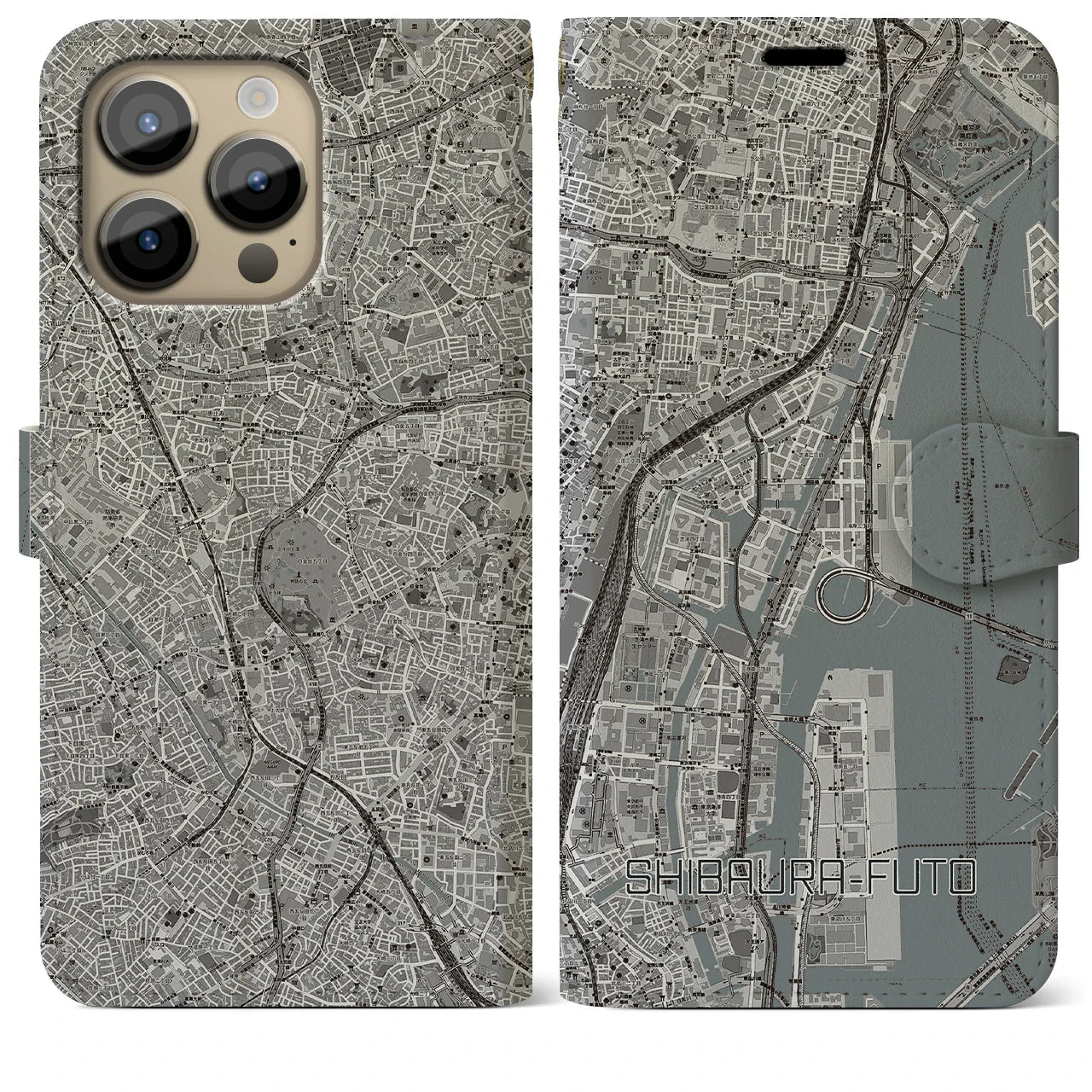 【芝浦ふ頭(東京都)】地図柄iPhoneケース(手帳タイプ)モノトーン・iPhone 14 Pro Max 用