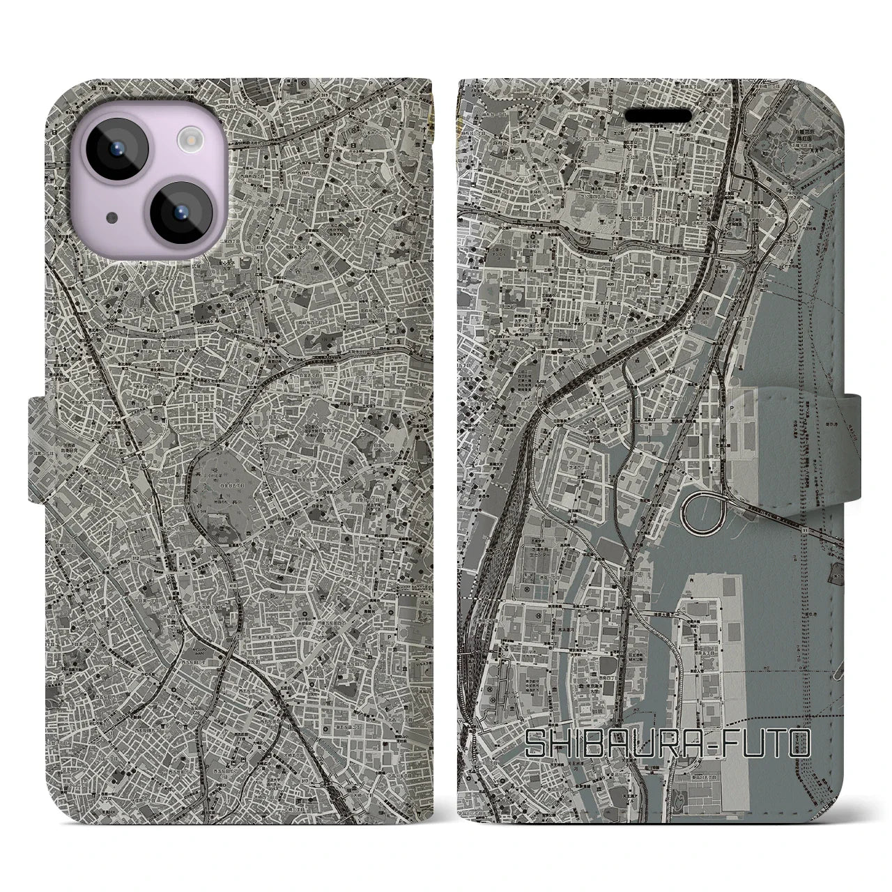 【芝浦ふ頭(東京都)】地図柄iPhoneケース(手帳タイプ)モノトーン・iPhone 14 用