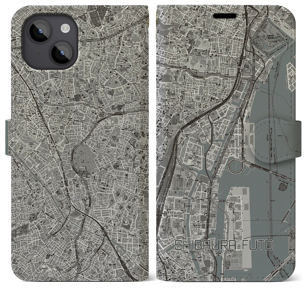 【芝浦ふ頭(東京都)】地図柄iPhoneケース(手帳タイプ)モノトーン・iPhone 14 Plus 用