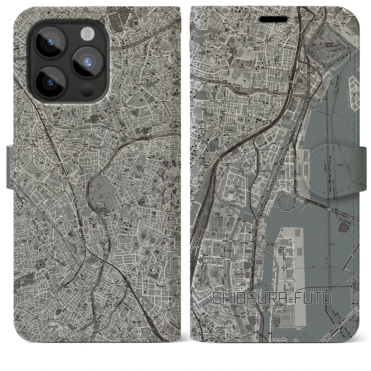 【芝浦ふ頭(東京都)】地図柄iPhoneケース(手帳タイプ)モノトーン・iPhone 15 Pro Max 用