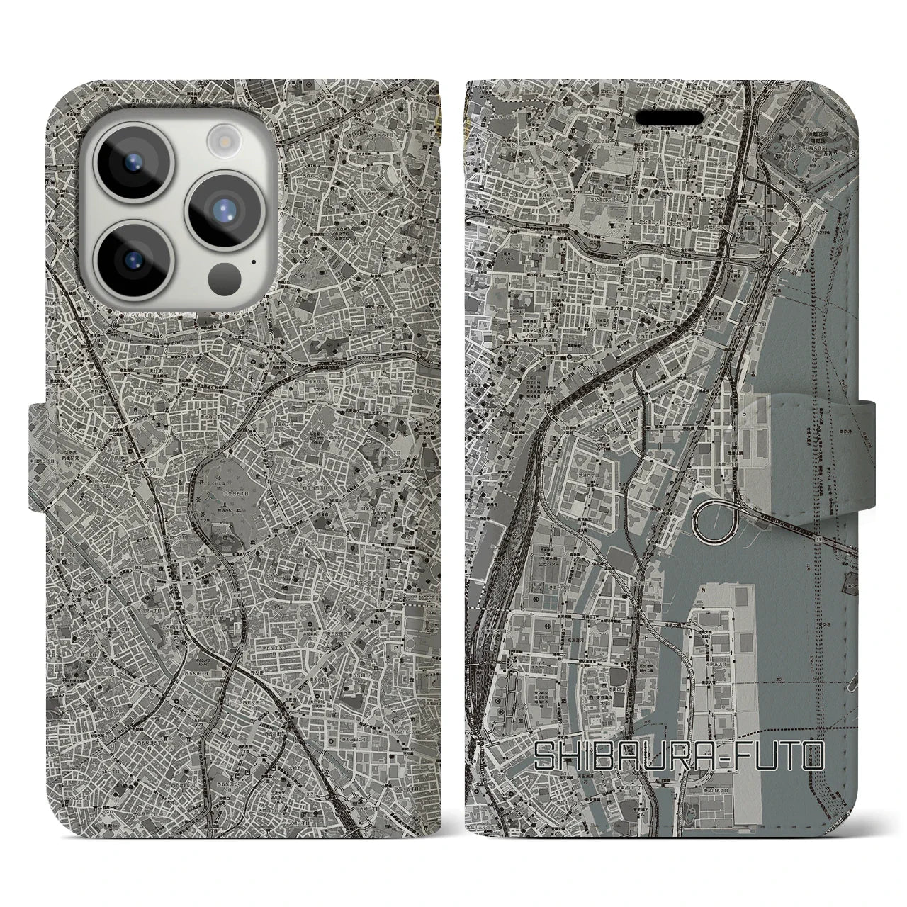 【芝浦ふ頭(東京都)】地図柄iPhoneケース(手帳タイプ)モノトーン・iPhone 15 Pro 用