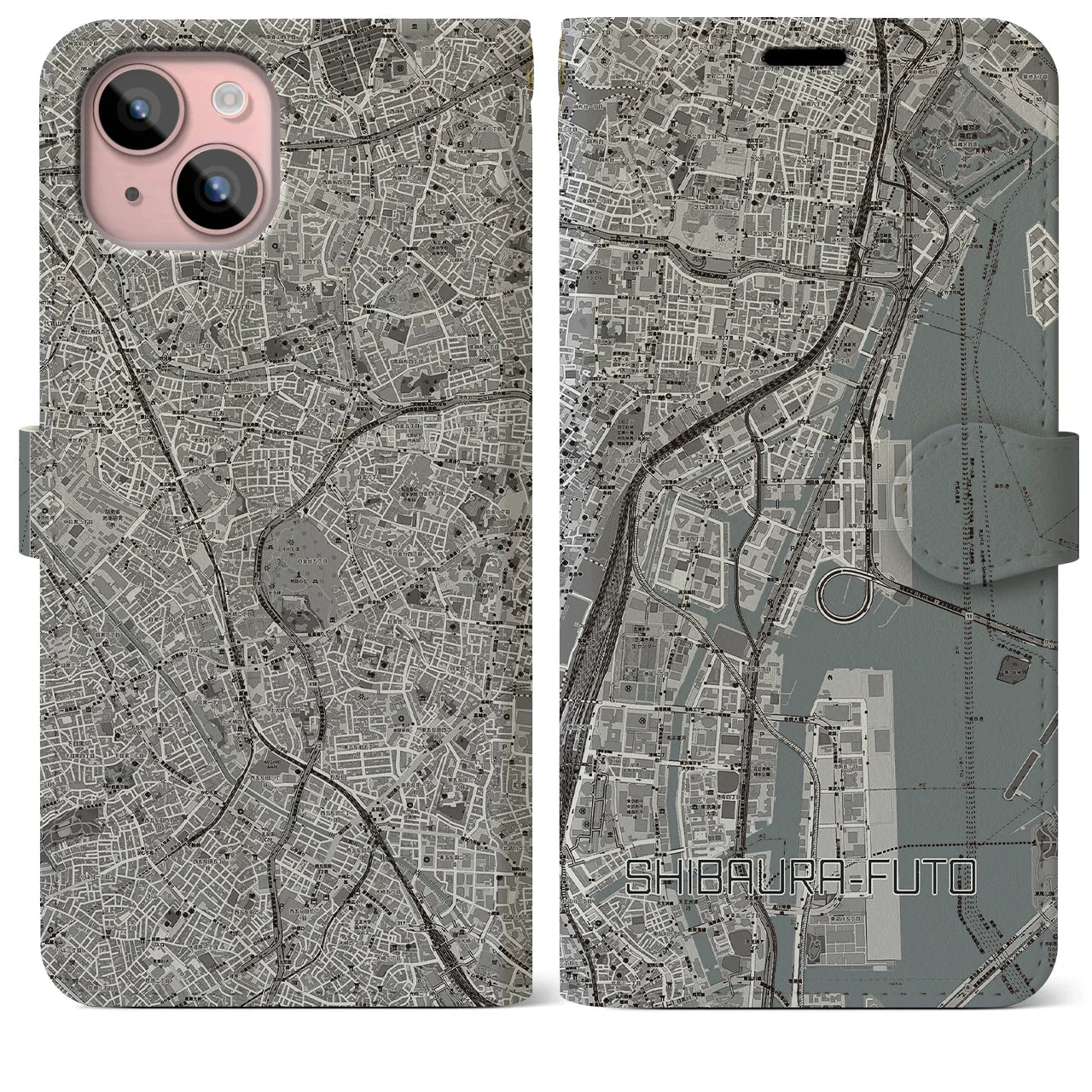 【芝浦ふ頭(東京都)】地図柄iPhoneケース(手帳タイプ)モノトーン・iPhone 15 Plus 用