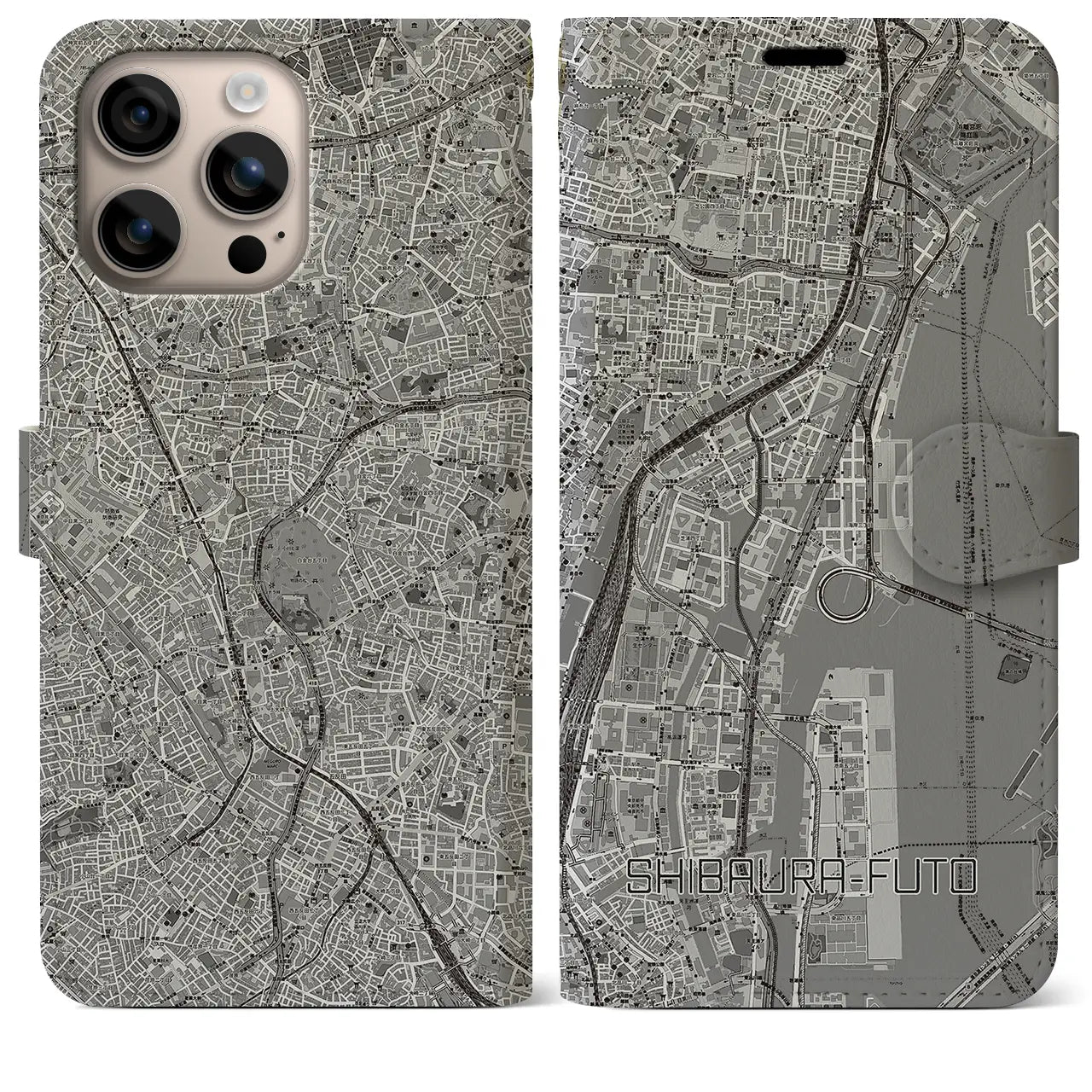 【芝浦ふ頭(東京都)】地図柄iPhoneケース(手帳タイプ)モノトーン・iPhone 16 Plus 用