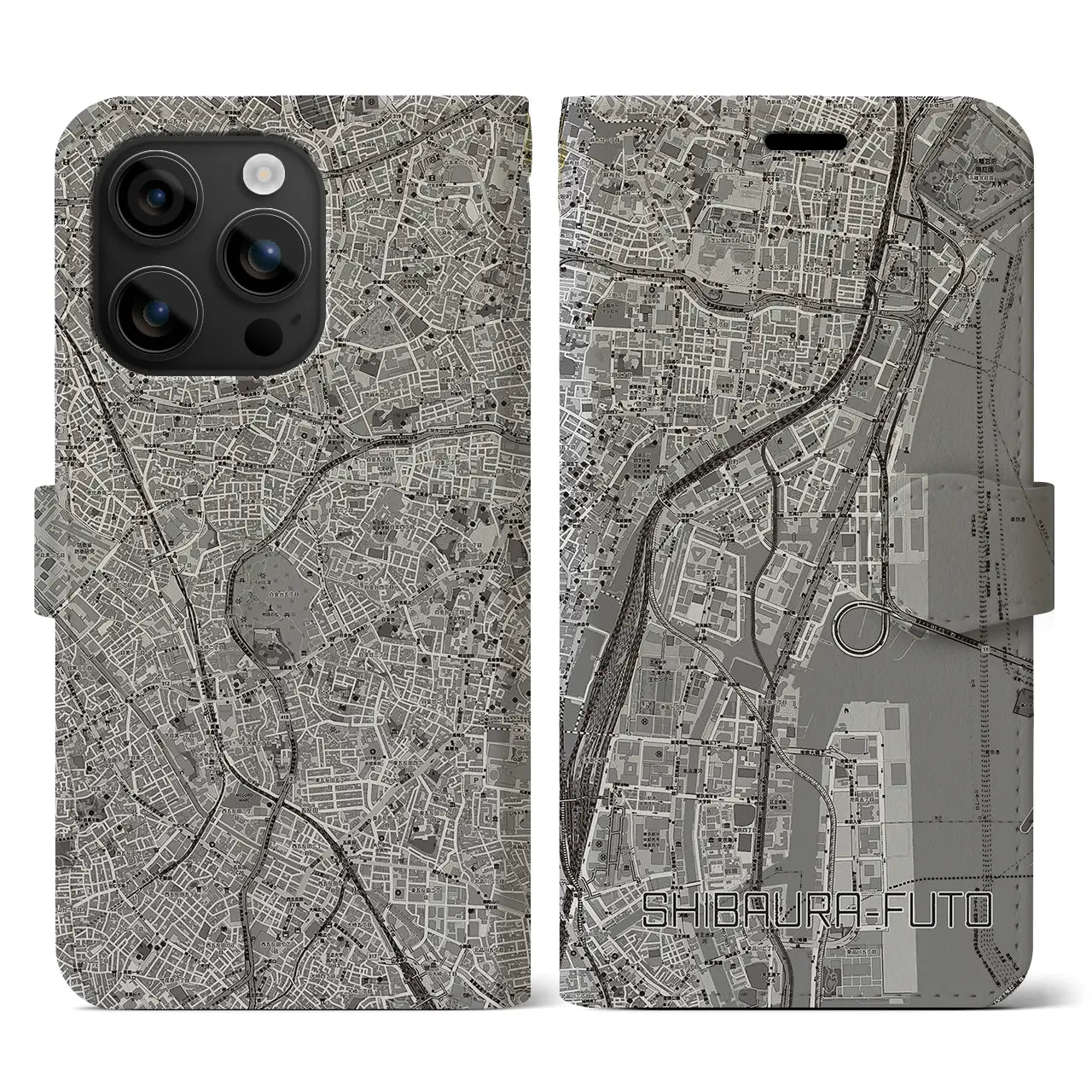 【芝浦ふ頭(東京都)】地図柄iPhoneケース(手帳タイプ)モノトーン・iPhone 16 用