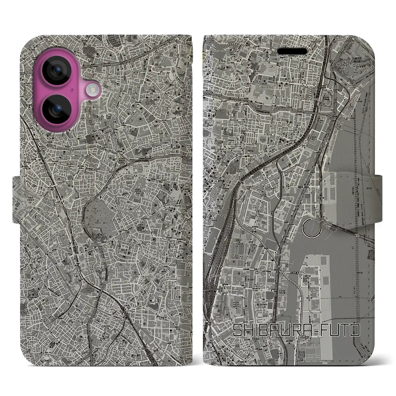 【芝浦ふ頭(東京都)】地図柄iPhoneケース(手帳タイプ)モノトーン・iPhone 16 Pro 用