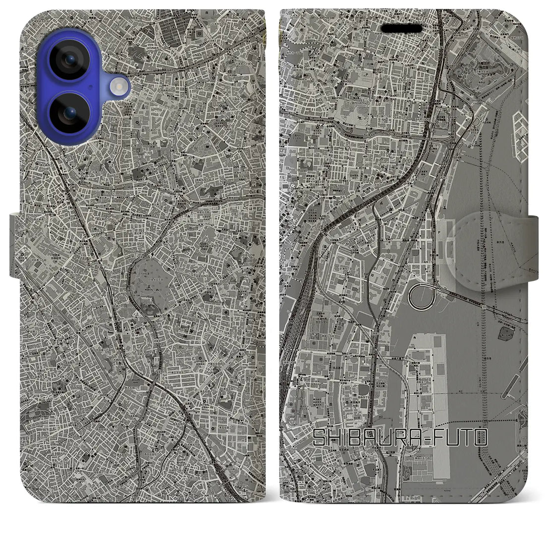 【芝浦ふ頭(東京都)】地図柄iPhoneケース(手帳タイプ)モノトーン・iPhone 16 Pro Max 用