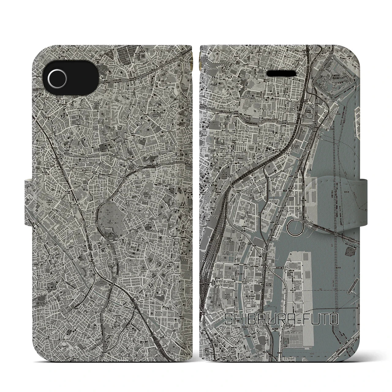 【芝浦ふ頭(東京都)】地図柄iPhoneケース(手帳タイプ)モノトーン・iPhone SE(第3 / 第2世代) / 8 / 7 / 6s / 6 用